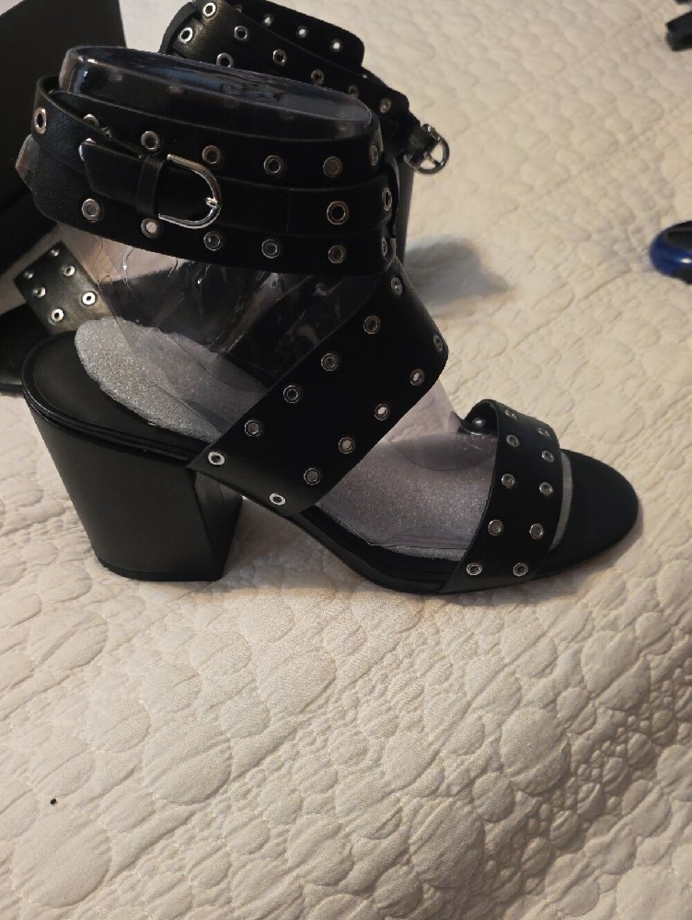 Rebecca Minkoff Black Grommet Strap Block Heel Sandals - Picture 2 of 4